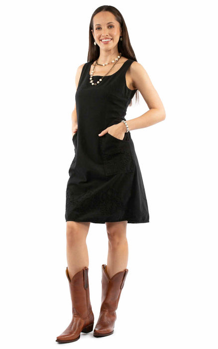 Scully Womens Soutach Two Pockets Black 100% Cotton S/L Dress