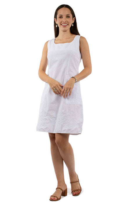 Scully Womens Soutach Two Pockets White 100% Cotton S/L Dress