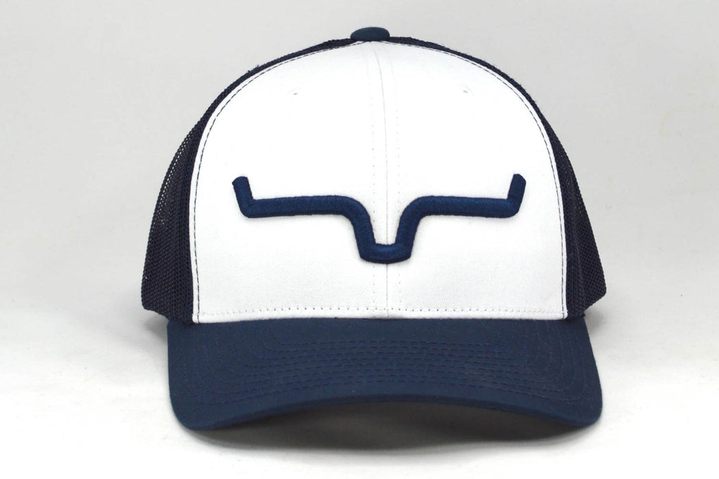 Kimes Ranch Unisex Weekly White/Navy Cotton Twill Trucker Cap