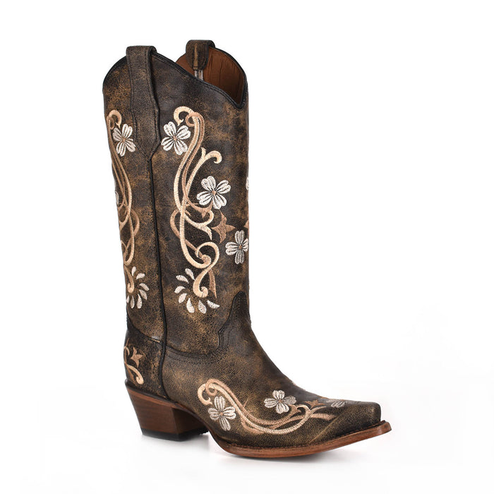 Circle G Ladies Embroidery Black Cowhide Leather Cowgirl Boots