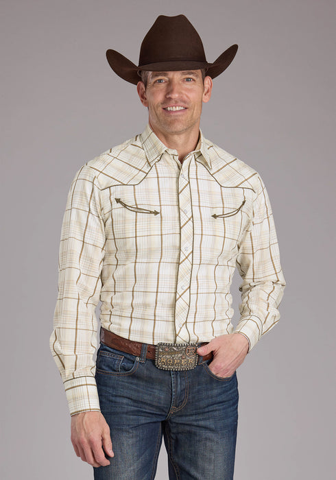 Roper Mens Tall Neutral Plaid Tan Cotton Blend Bronc Rider L/S Shirt