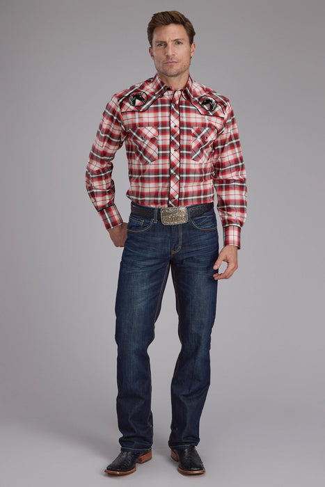 Roper Mens 2408 Plaid Horse Red Cotton Blend L/S Shirt