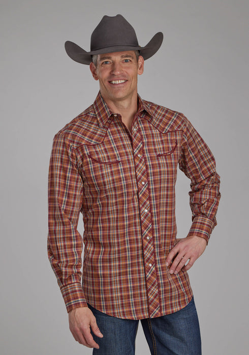 Roper Mens 2110 Plaid Wagon Wheel Wine/Rust Cotton Blend L/S Shirt