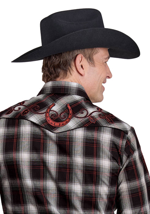 Roper Mens Horseshoe Plaid Black/Red/White Cotton Blend L/S Shirt