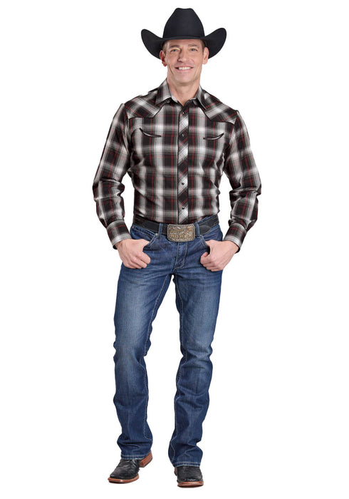 Roper Mens Horseshoe Plaid Black/Red/White Cotton Blend L/S Shirt