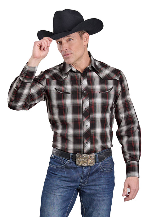 Roper Mens Horseshoe Plaid Black/Red/White Cotton Blend L/S Shirt