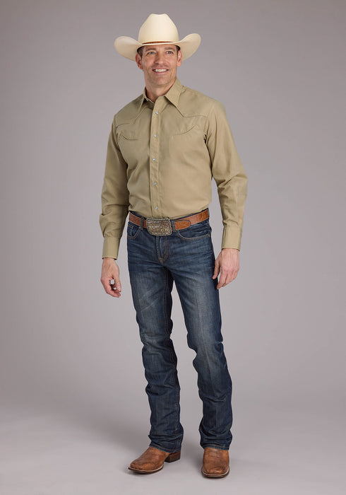 Roper Mens 2445 Solid Broadcloth Tan Cotton Blend L/S Shirt