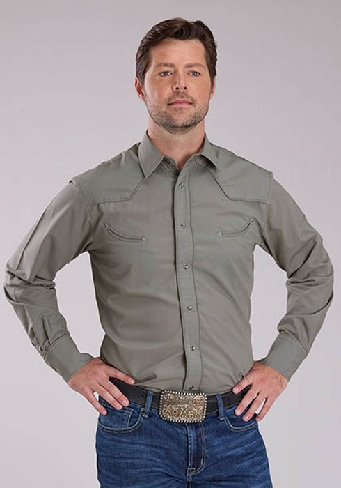 Roper Mens 2475 Longhorn Skull Scene Light Smokey Grey Cotton Blend L/S Shirt