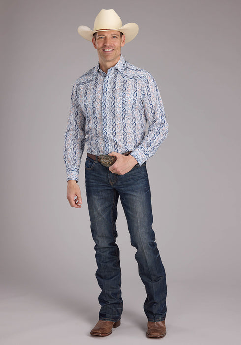 Roper Mens 2429 Paisley Trellis Blue Cotton Blend L/S Shirt