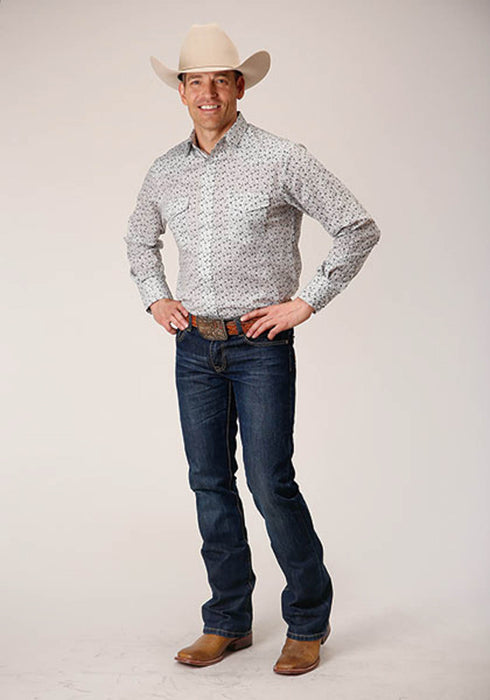Roper Mens 1626 Mini Floral White/Blue Cotton Blend L/S Shirt
