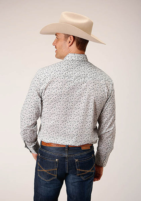 Roper Mens 1626 Mini Floral White/Blue Cotton Blend L/S Shirt