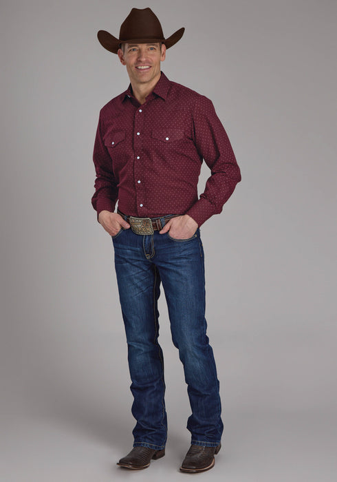 Roper Mens 2287 Dot Print Wine Cotton Blend L/S Shirt