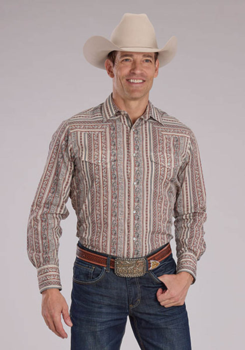 Roper Mens 2479 Wallpaper Print Cream Cotton Blend L/S Shirt