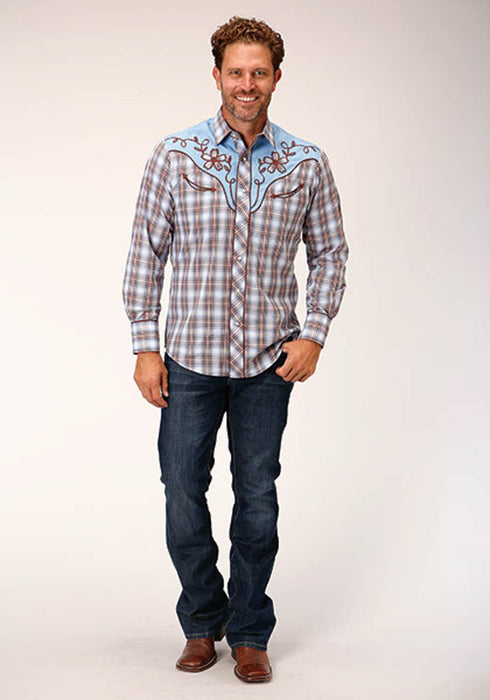 Roper Mens 1634 Plaid Fancy Blue/Chocolate Cotton Blend L/S Shirt