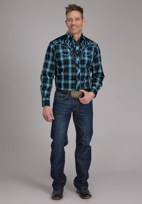 Roper Mens 2128 Windowpane Multi Blue Cotton Blend L/S Shirt