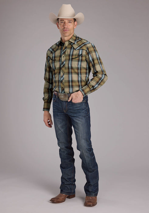 Roper Mens 2410 Plaids Tan Cotton Blend Fancy Leaves L/S Shirt