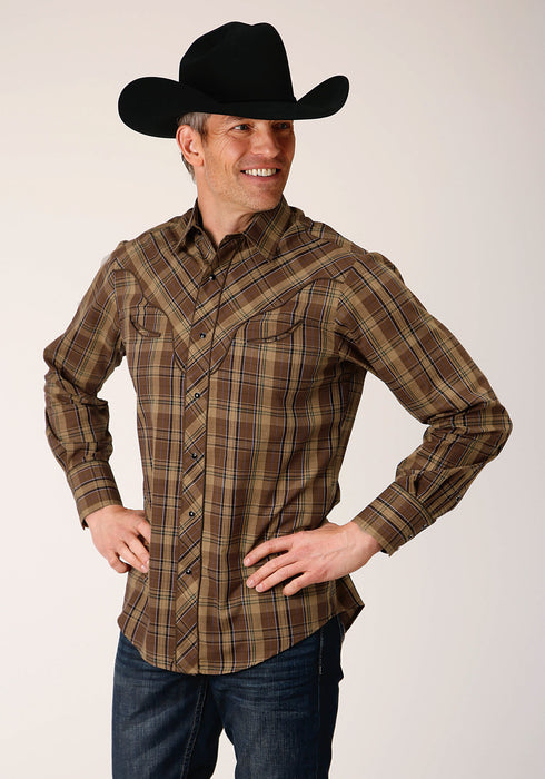 Roper Mens Fancy Cactus Plaid Brown Cotton Blend L/S Shirt