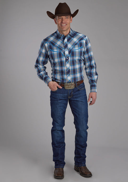 Roper Mens 2102 Plaid Horseshoes Blue/White Cotton Blend L/S Shirt