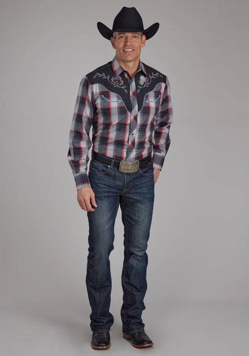 Roper Mens Leaf Plaid Black/Grey Cotton Blend L/S Shirt