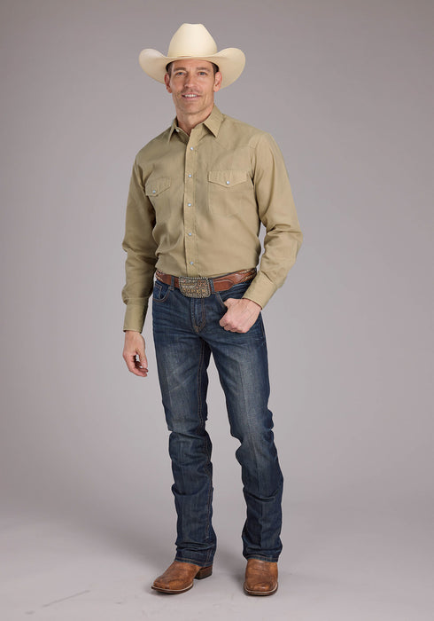 Roper Mens 2445 Broadcloth Tan Cotton Blend L/S Shirt