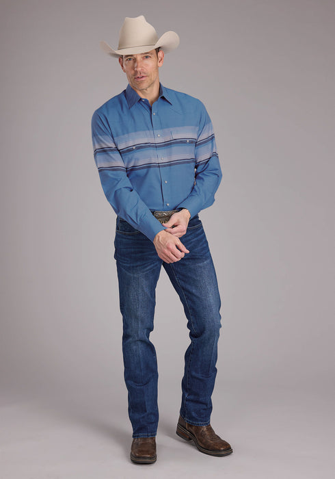 Roper Mens 2404 Border Stripe Blue Cotton Blend L/S Shirt
