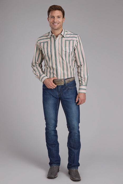 Roper Mens 2403 Ombre Stripe Navy/White Cotton Blend L/S Shirt