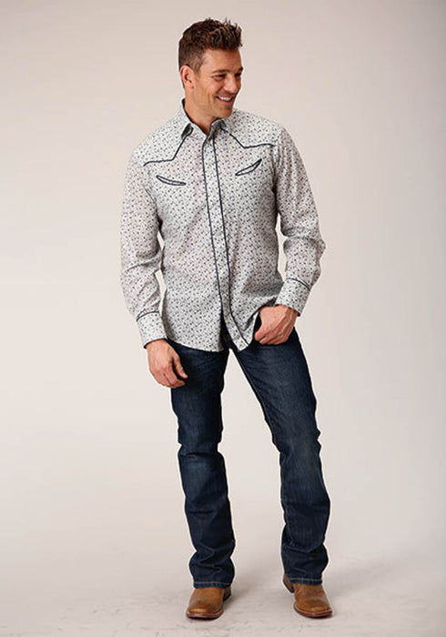 Roper Mens 1626 Retro Mini Floral Blue Cotton Blend L/S Shirt
