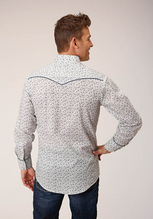 Roper Mens 1626 Retro Mini Floral Blue Cotton Blend L/S Shirt