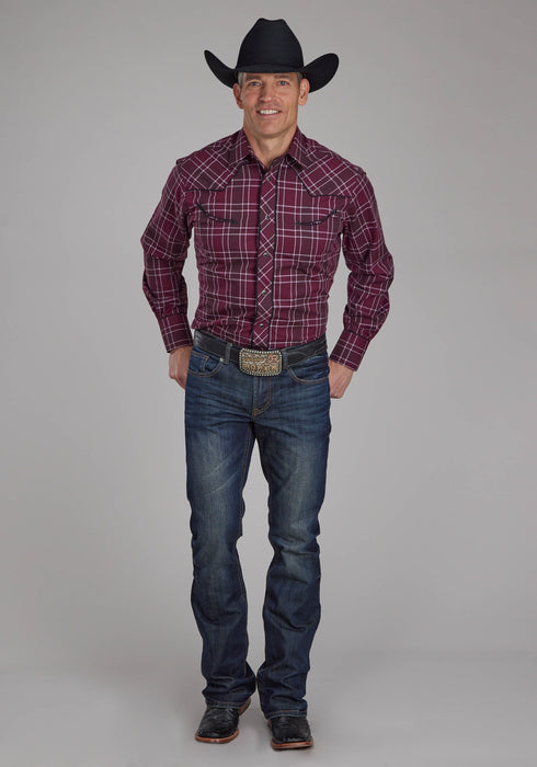 Roper Mens 2104 Plaid Wine/Black Cotton Blend L/S Shirt