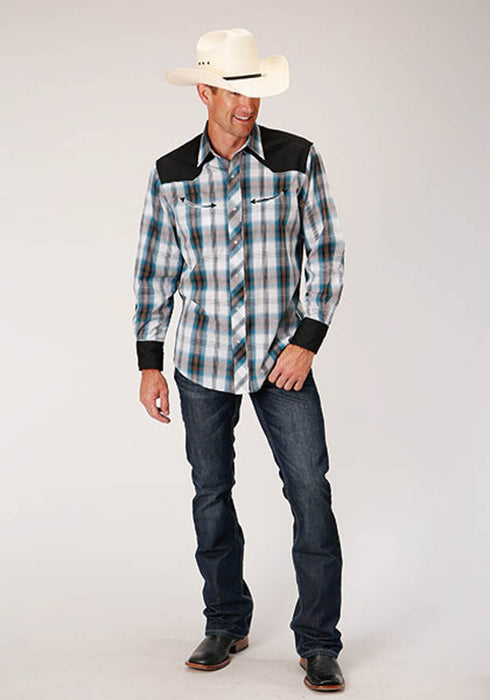Roper Mens Retro Peacock Plaid Blue/White Cotton Blend L/S Shirt