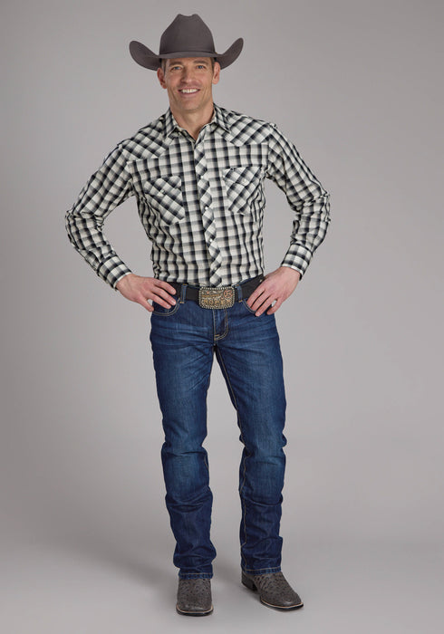 Roper Mens 2125 Plaid Blue/Black Cotton Blend L/S Shirt