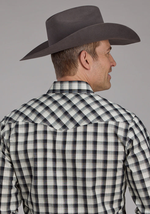 Roper Mens 2125 Plaid Blue/Black Cotton Blend L/S Shirt