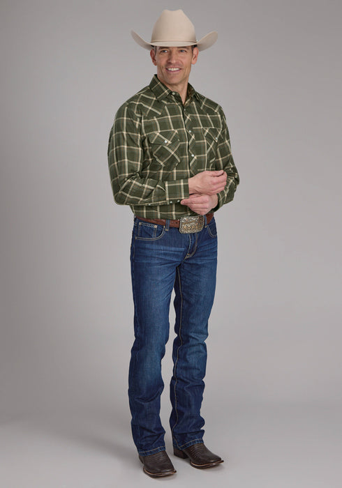 Roper Mens 2127 Plaid Olive/Orange Cotton Blend L/S Shirt