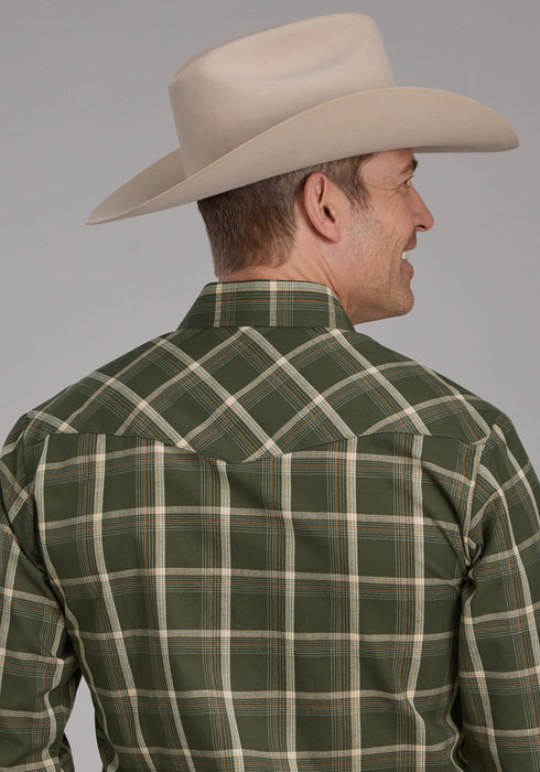 Roper Mens 2127 Plaid Olive/Orange Cotton Blend L/S Shirt