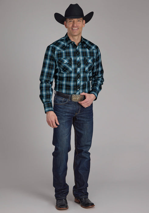 Roper Mens 2128 Windowpane Plaid Multi Blue Cotton Blend L/S Shirt