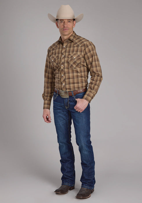 Roper Mens 2129 Ombre Plaid Brown/Tan Cotton Blend L/S Shirt