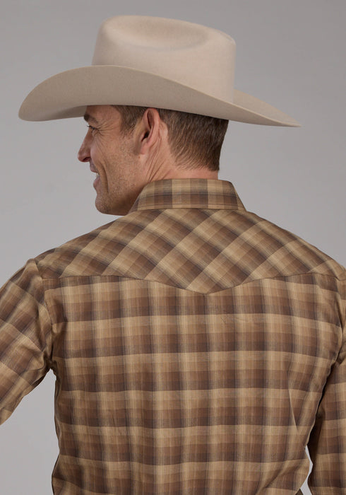 Roper Mens 2129 Ombre Plaid Brown/Tan Cotton Blend L/S Shirt
