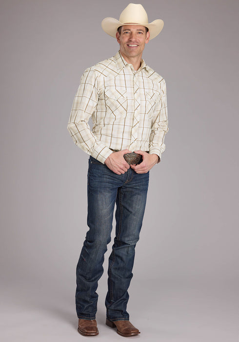 Roper Mens 2406 Neutral Plaid Tan Cotton Blend L/S Shirt