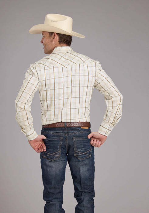 Roper Mens 2406 Neutral Plaid Tan Cotton Blend L/S Shirt