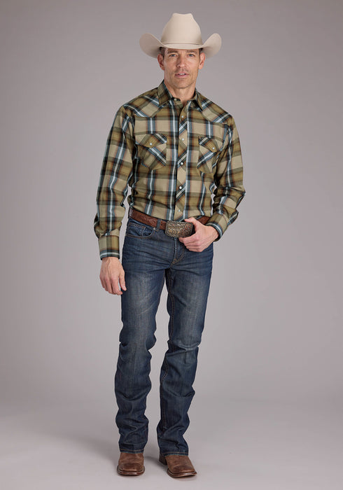 Roper Mens 2410 Plaid Tan Cotton Blend L/S Shirt