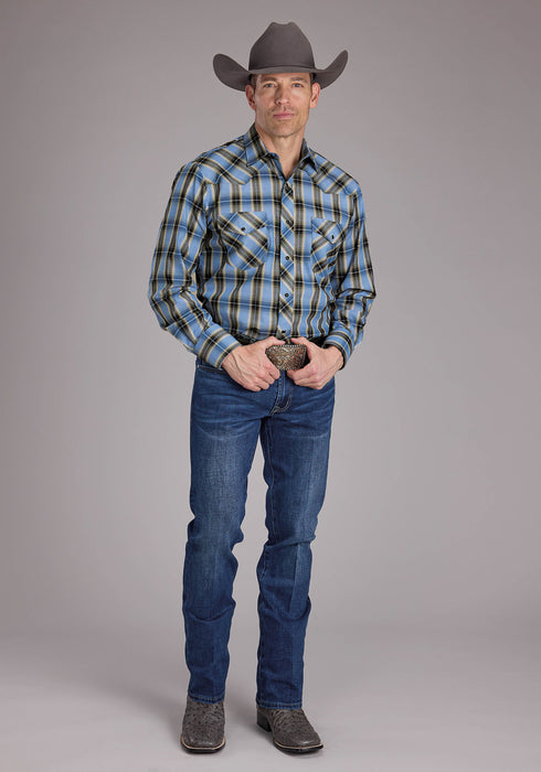 Roper Mens 2412 Plaid Blue Cotton Blend L/S Shirt