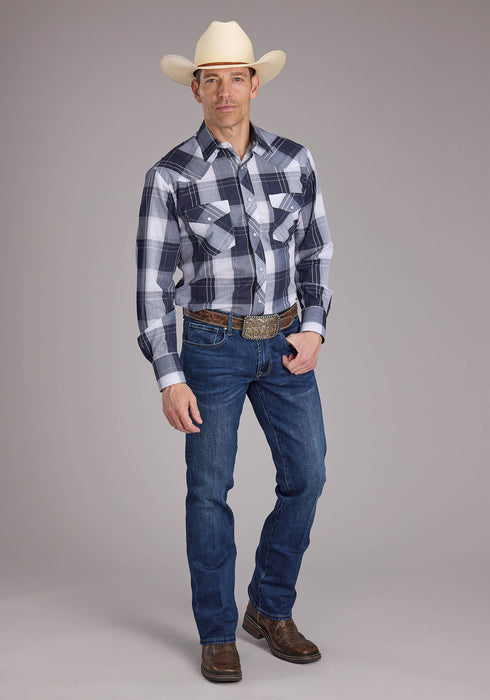 Roper Mens 2413 Windowpane Plaid Navy/White Cotton Blend L/S Shirt