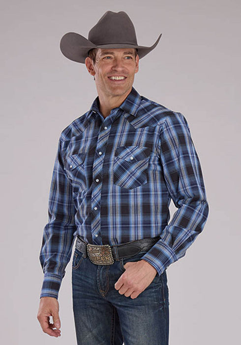 Roper Mens 2482 Western Plaid Carolina Blue Cotton Blend L/S Shirt