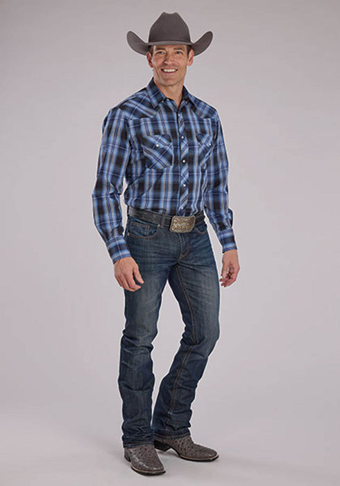 Roper Mens 2482 Western Plaid Carolina Blue Cotton Blend L/S Shirt