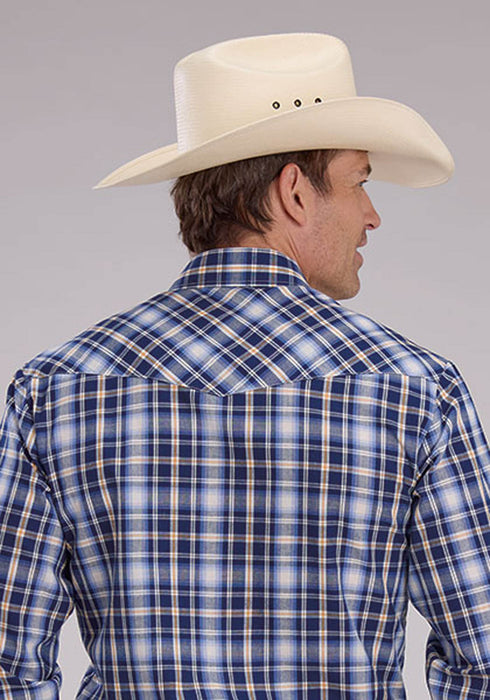 Roper Mens 2484 Western Plaid Navy/Light Blue Cotton Blend L/S Shirt