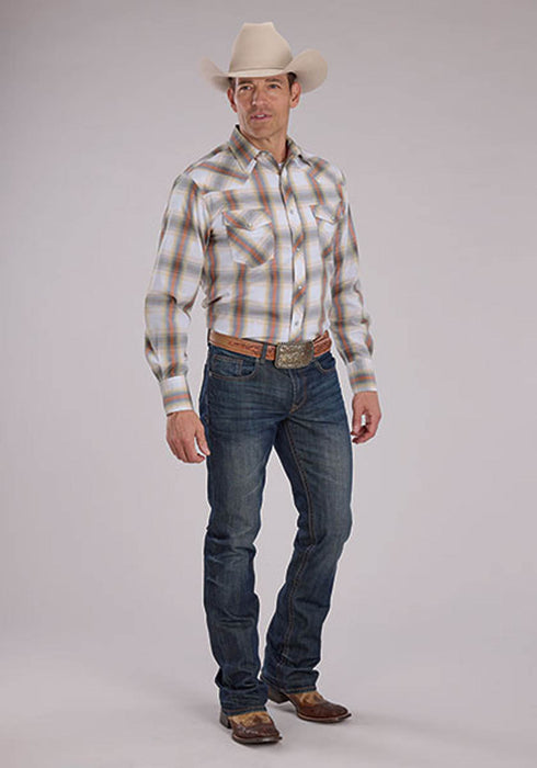 Roper Mens 2488 Western Plaid Cream/Tangerine Cotton Blend L/S Shirt