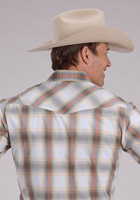 Roper Mens 2488 Western Plaid Cream/Tangerine Cotton Blend L/S Shirt