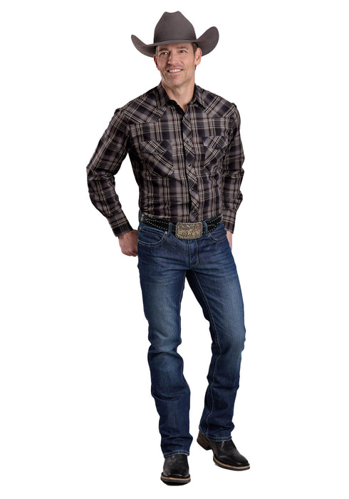 Roper Mens 2658 Plaid Black/Grey/Brown Cotton Blend L/S Shirt
