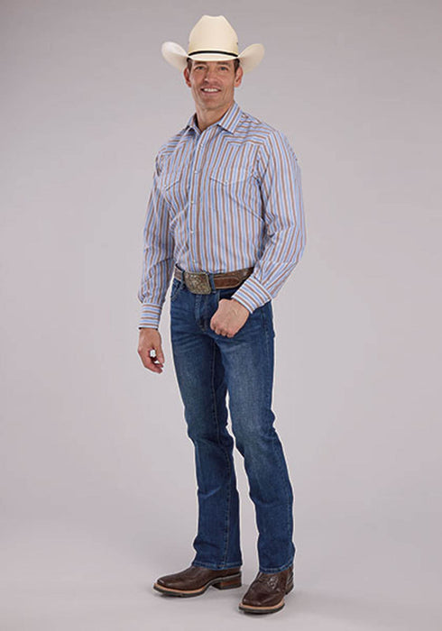 Roper Mens 2476 Western Stripe Brown/Blue Cotton Blend L/S Shirt