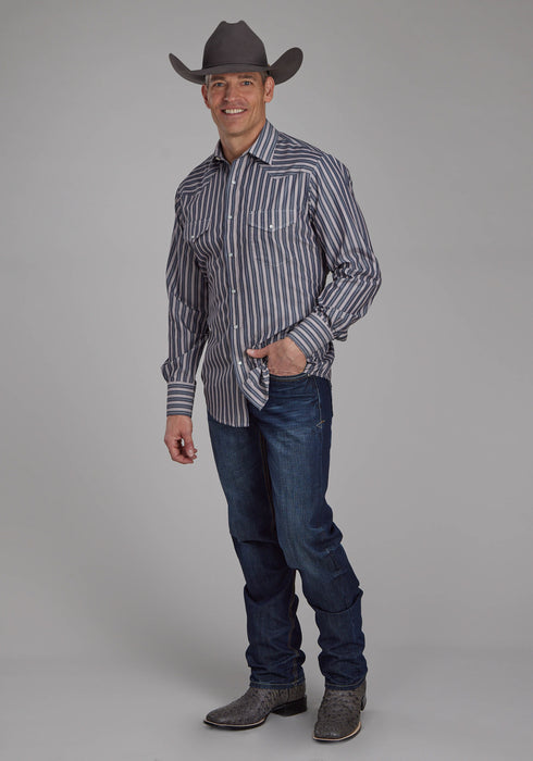 Roper Mens 2113 Stripe Dark Charcoal Grey Poly/Cotton L/S Shirt